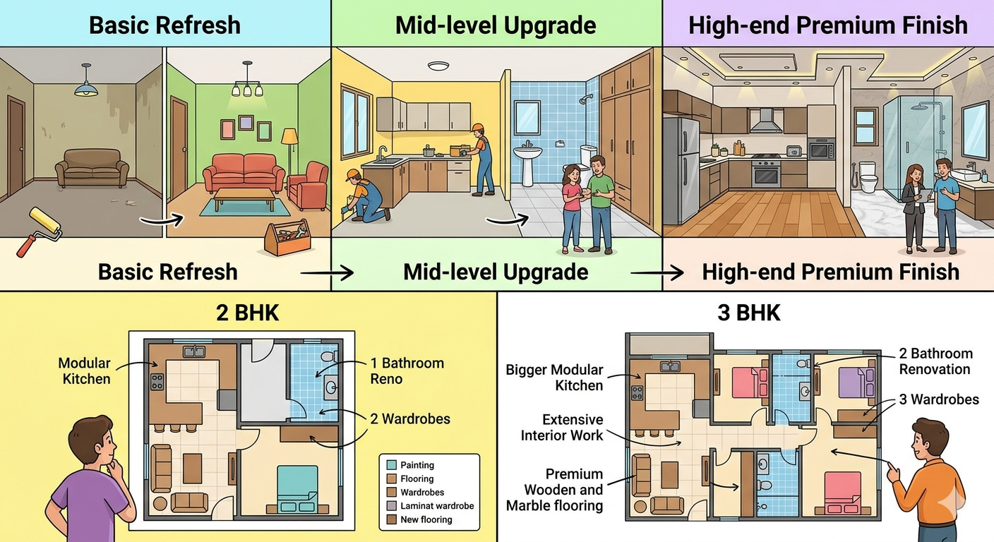 2 BHK और 3 BHK फ्लैट की रेनोवेशन में कितना खर्च आता है? बेसिक से हाई ग्रेड तक पूरा गाइड